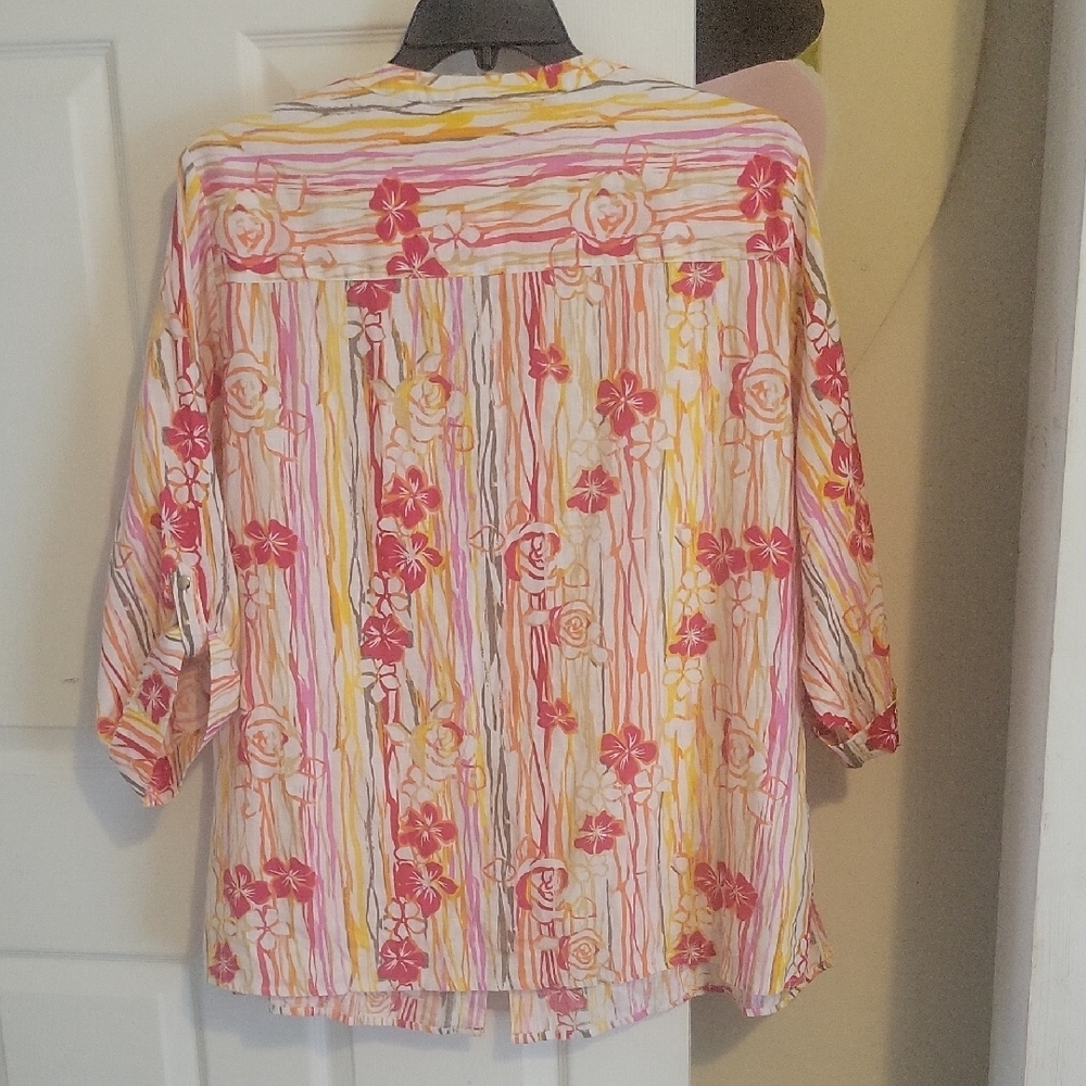 Coral Bay Sz2X Multicolor Linen Blend Floral Stripe button down 3/4 slv Blouse - Picture 5 of 5